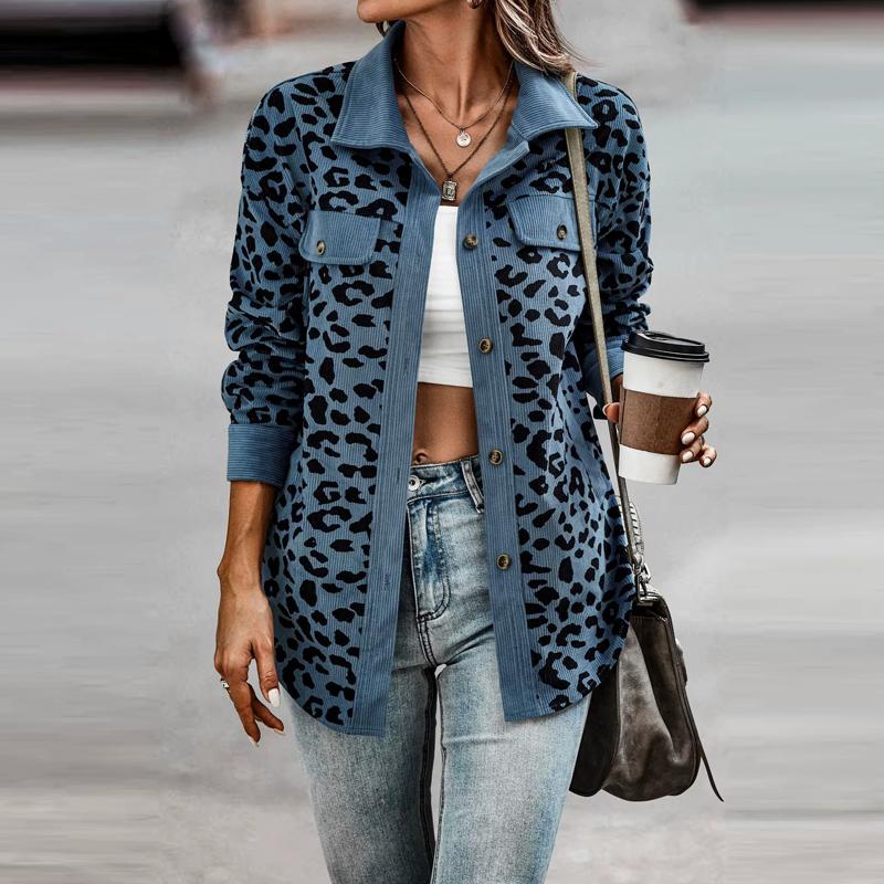 Flip Collar Cardigan Long Sleeved Leopard Printed Coat Women's Button Up High Street Fashion Autumn Jacket