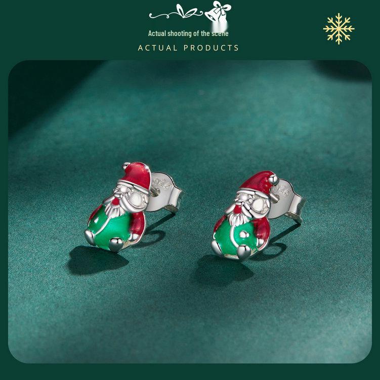 Yinziyun 925 Sterling Silver Luminous Santa Claus Stud Earrings - Trendy European & American Christmas Gift.