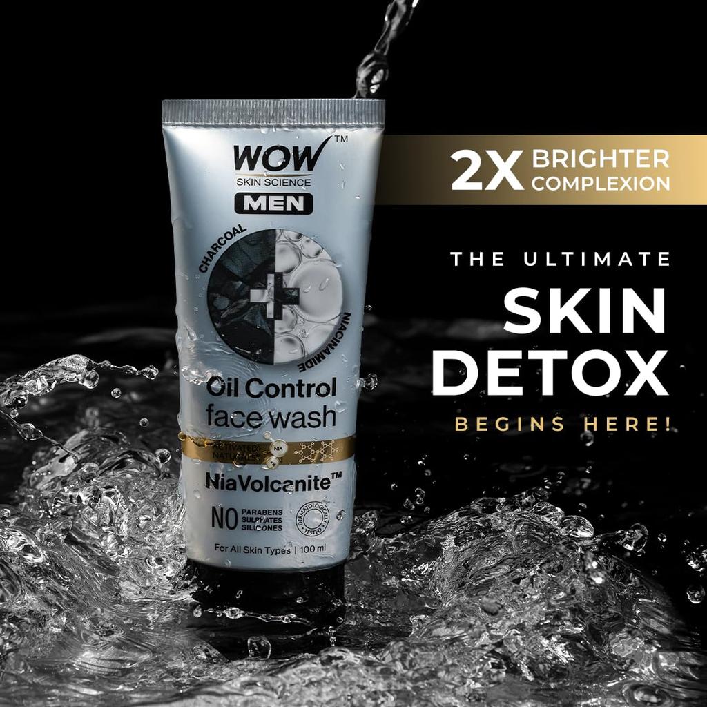 WOW Skin Science Men Charcoal & Niacinamide Oil Control Face Wash, 100 Ml Deep Cleansing for Oily Skin, Mattifying