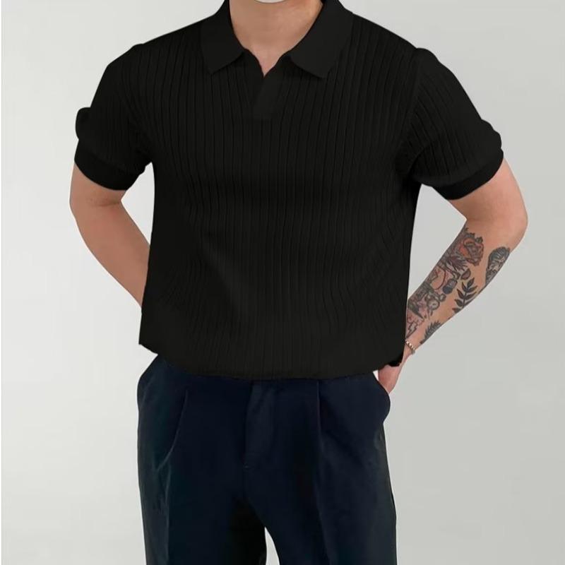 Striped Summer Knit Elastic Polo - Loose Fit Short Sleeve Shirt