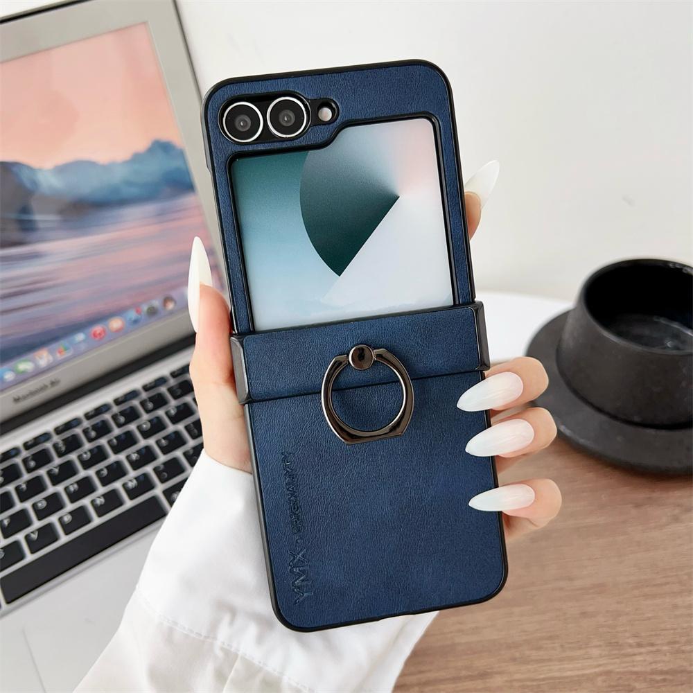 For Samsung Z Flip 7 FE Leather Finger Ring Bracket Phone Case for Galaxy Z Flip 7 6 5 4 3 3in1 Hinge Protection Cover