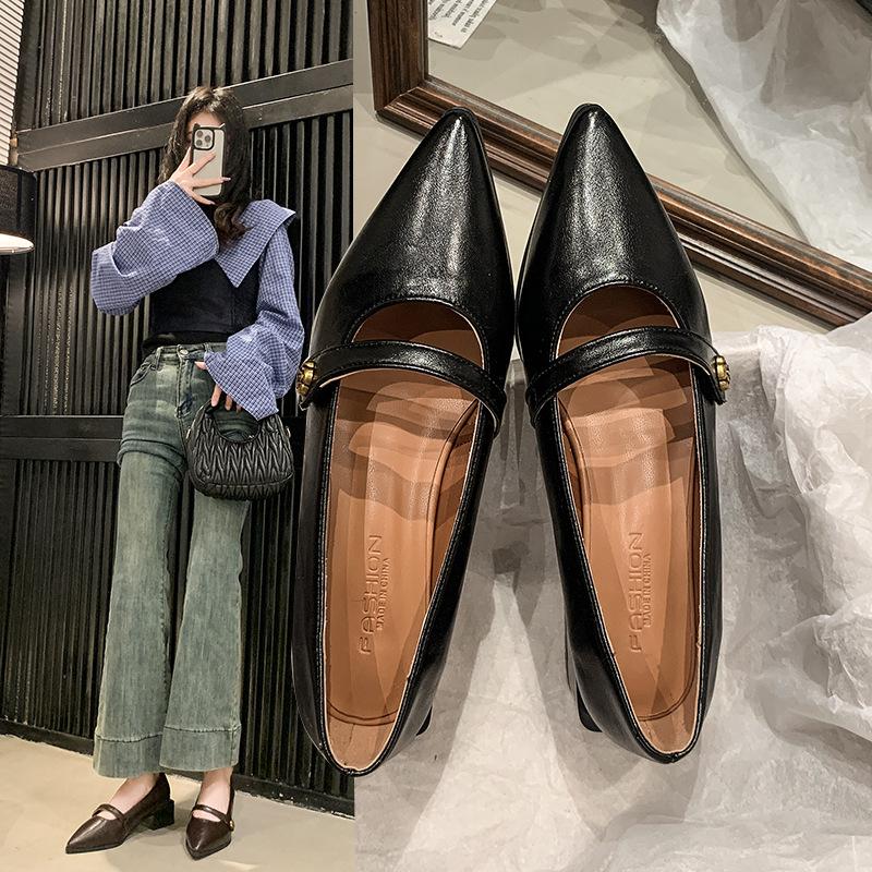 Pointed commuter shallow mouth single shoes women's spring and autumn French retro casual evening thick heel fashion Mary Jane small leather shoes