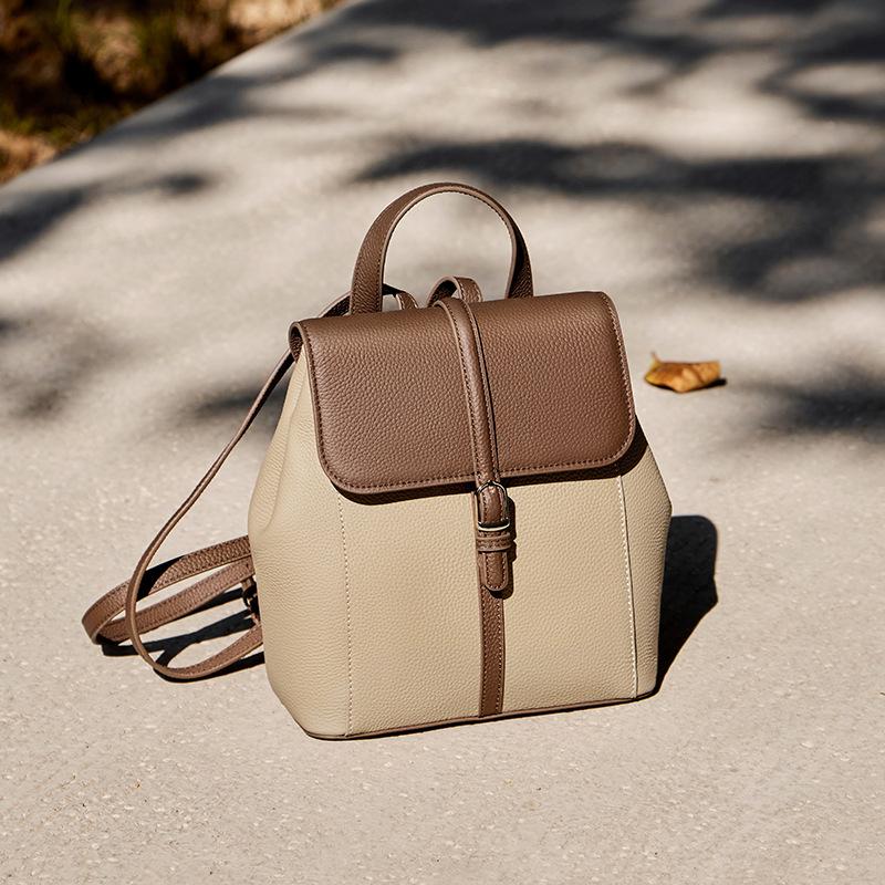 

Contrast Color Fashion Backpack for Women 2025 New Large Capacity Genuine Leather Mom Bag Casual Ladies Soft Cowhide Backpack Long24.5CM、Thick11.5CM