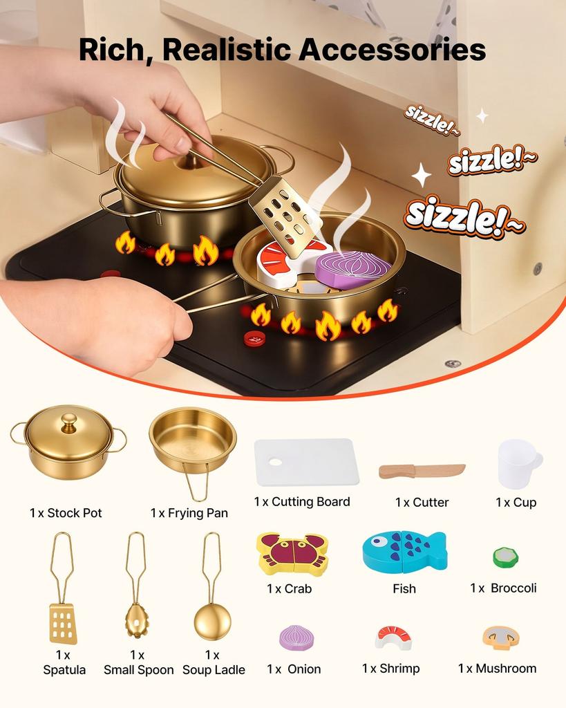 Cucina Giocattolo per Bambini, in Legno, Set da Cucina Giocattolo con Luci e Suoni Realistici, Cibo e Utensili da Cucina, Set Giocattolo per Giochi di Finzione Stile Moderno, Macchina del Ghiaccio,