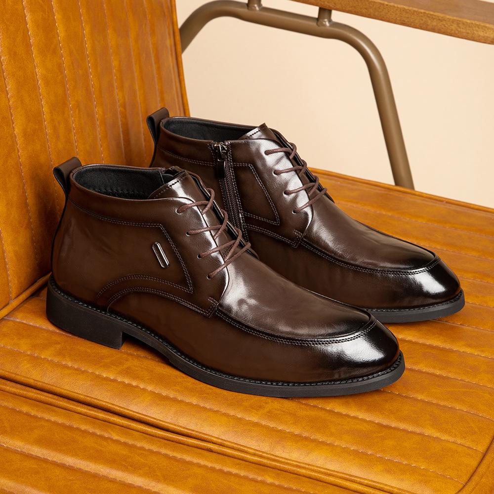 Autumn and winter new leather Martin boots men's mid-top men's shoes fleece boots British style business casual dress leather shoes