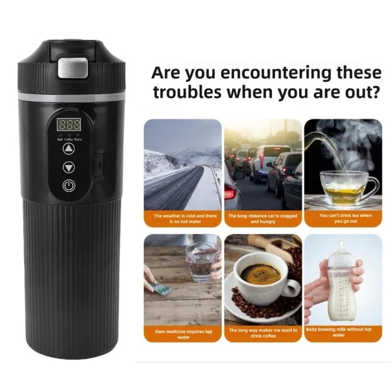 500ml Portable 304 Stainless Steel Car Heated Cup Auto Heating Coffee Mug With Temperature Display For Travel Camping Gi