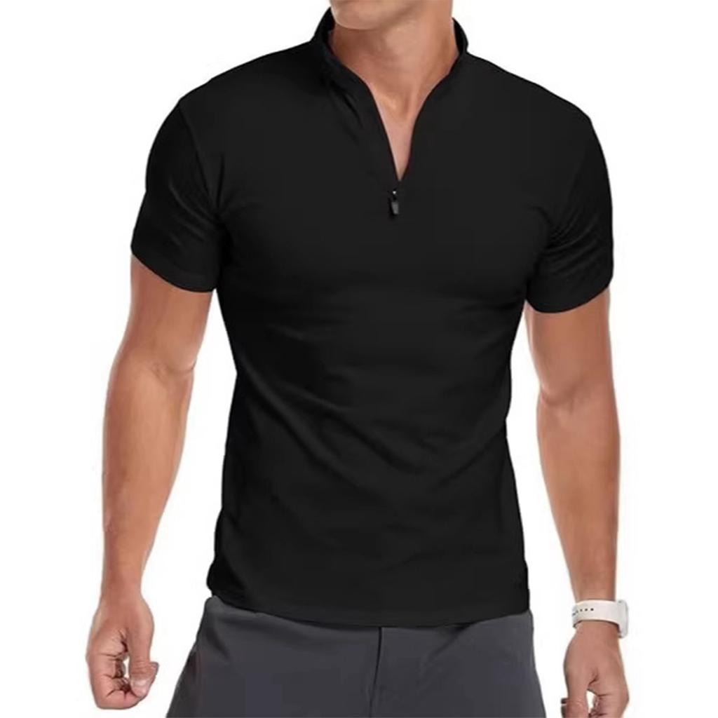 Men's Short-sleeved Shirt With Stand-up Collar And Zipper, Slim-fit Basic , Made Of Ice Silk