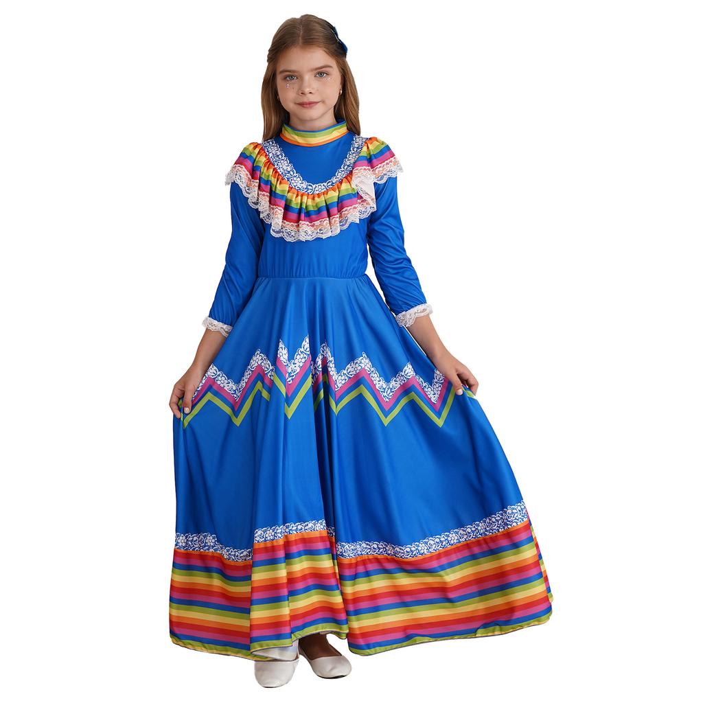 Kids Girls Mexican Traditional Jalisco Folk Dance Dress Halloween Costume with Flower Hair Clip