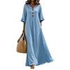 European and American Autumn Women's V-neck Seven-quarter-sleeved Holiday Cotton and Linen Blended Casual Long Dress
