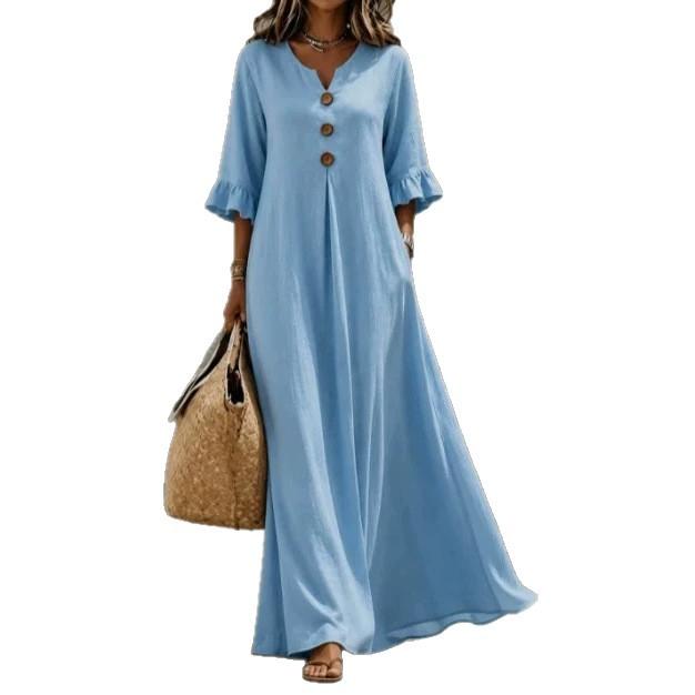 European and American Autumn Women's V-neck Seven-quarter-sleeved Holiday Cotton and Linen Blended Casual Long Dress