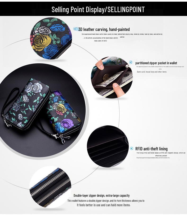 Rose Flower Ladies Genuine Leather Wallet – Double Zipper, Large Capacity, Multi-card Slots