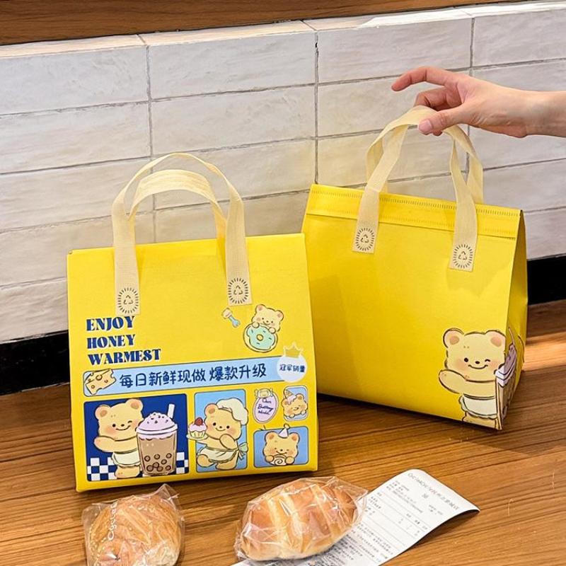 Milk Tea Coffee Beverage Insulated Bag, Aluminum Foil Dessert Bento Bag, Reusable Food Cake Drinks Package Handheld Bag, Non Wov