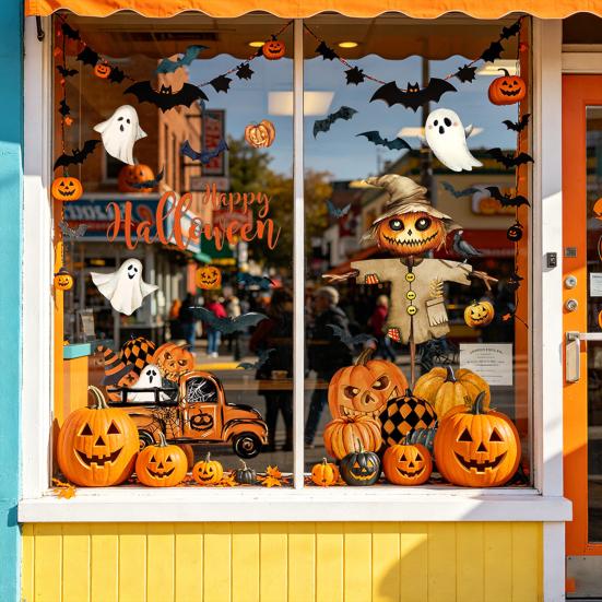 Removable PVC Holiday Stickers Halloween Window Sticker, Cute Ghost Black Cat Pumpkin Decal, Waterproof Reusable Static for Windows Cling