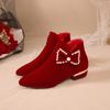 Winter New Thick Heel Cotton Boots Women Pointed Suede Side Zipper Butterfly Knot Short Tube Wedding Shoes