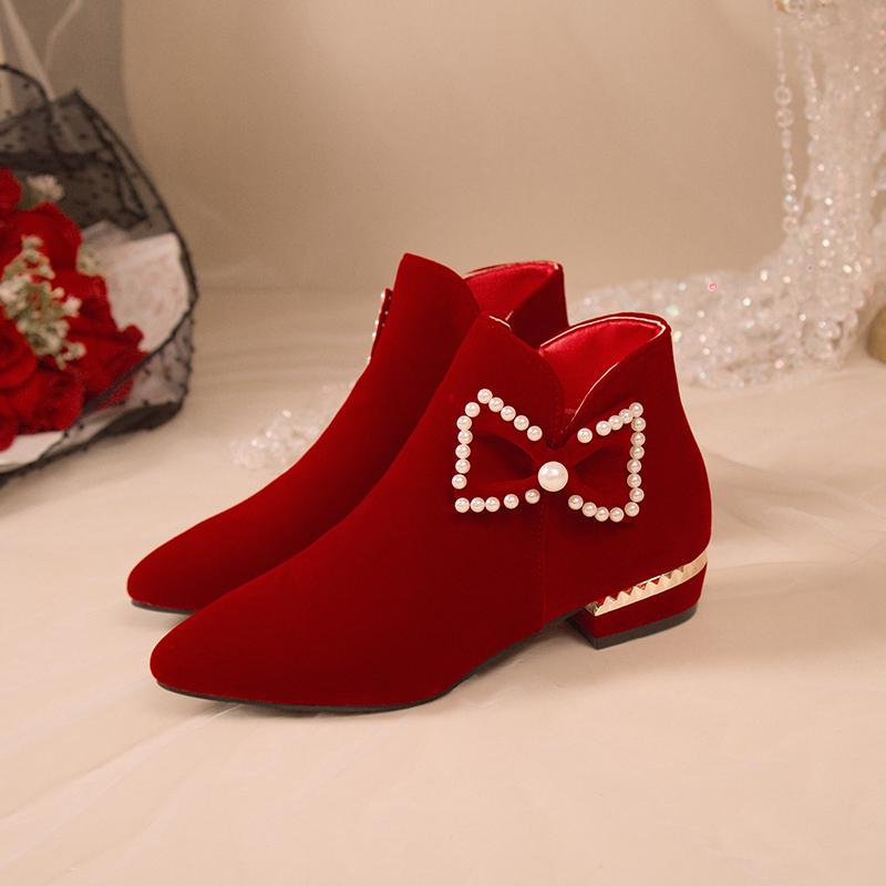 Winter New Thick Heel Cotton Boots Women Pointed Suede Side Zipper Butterfly Knot Short Tube Wedding Shoes