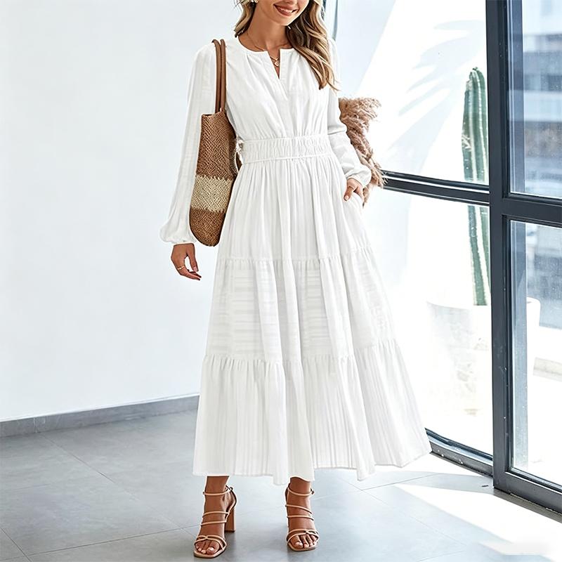 Abito Lungo da Donna con Scollo a V, Manica Lunga, a Strati, Vita Arricciata, Orlo a Volant, Abito Casual per Primavera ed Estate