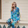 Womens Ice Silk Pajama Set Long Sleeve Loose Sleepwear Comfortable Home Outfit Blue Carrot Rabbit Print