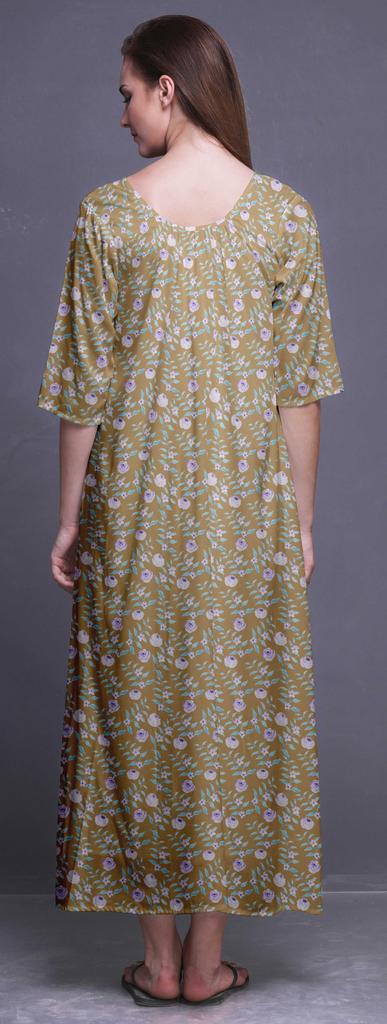 Bimba Dark Rose Brown Floral Leaves & Camellia Kanjiro Printed Nightgowns Maxi Sleepwear For Women Long Sleep Dress