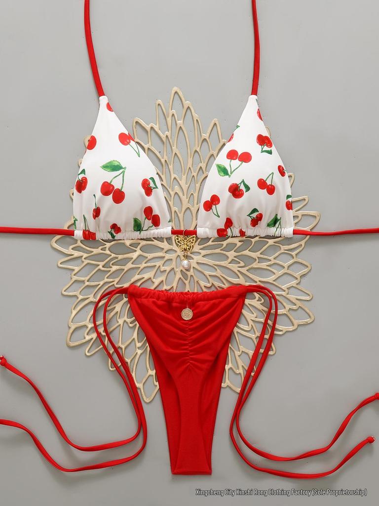 Cherry Print Backless Three-Piece Bikini Set - European American Style, 2026 Collection