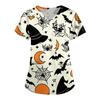 Women's Halloween Print Loose Fit V Neck Short Sleeve Medical Scrub Top Nurse Uniform Work Shirt with Pockets for Caregivers