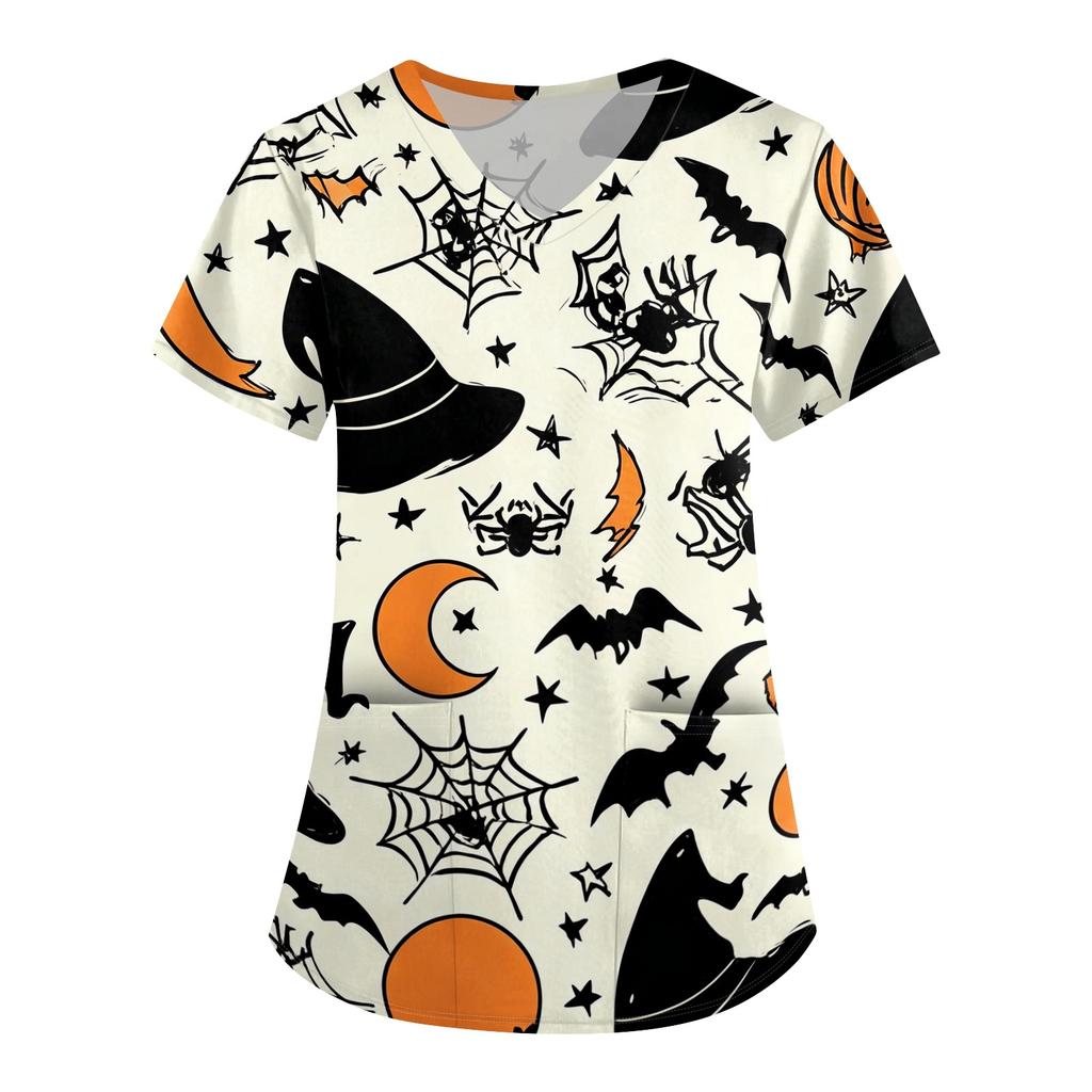 Women's Halloween Print Loose Fit V Neck Short Sleeve Medical Scrub Top Nurse Uniform Work Shirt with Pockets for Caregivers