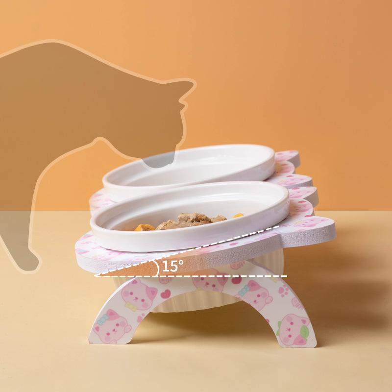 3pcs/set (1pc rack + 2pcs bowl) Non-Slip Ceramic Double Pet Food Bowl for Cats and Dogs - Prevents Spills and Slips