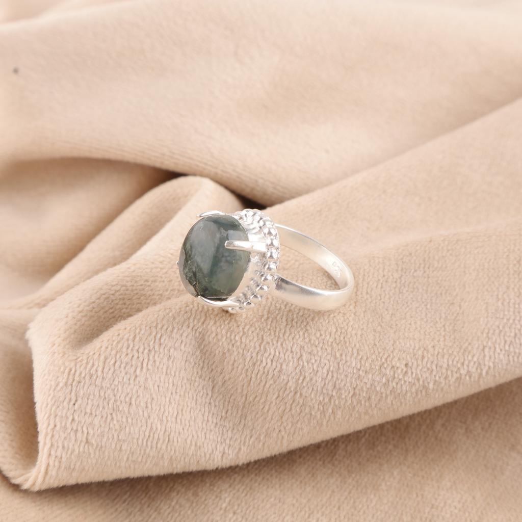 Oval Moss Agate Gemstone 925 Silver Birthday Cocktail Mother Gift Ring Jewelry RR-28-26