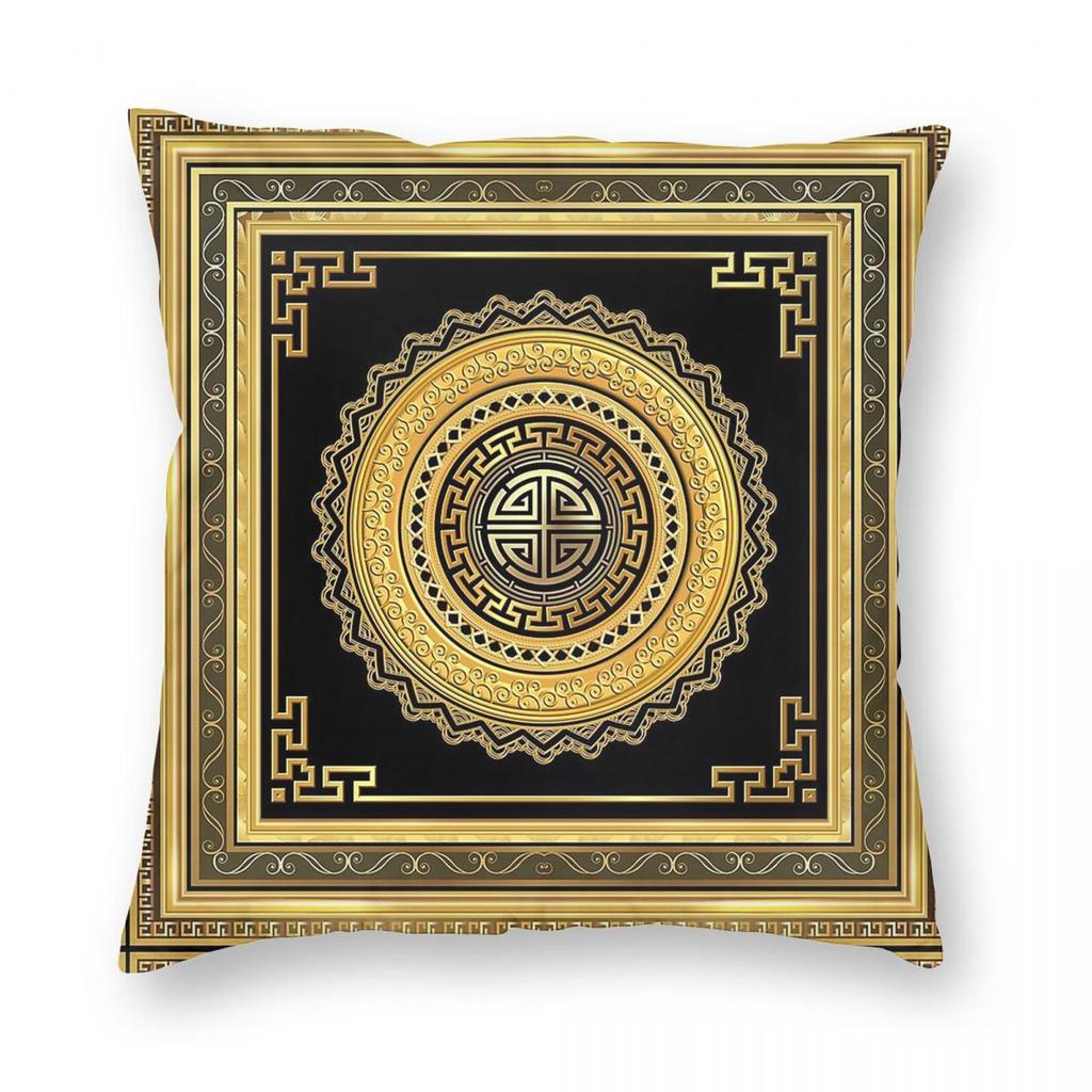 Federa Cuscino Quadrata Chiave Greca Sole Nero Oro Poliestere Lino Velluto Zip Creativa Decorazione Copricuscino Auto
