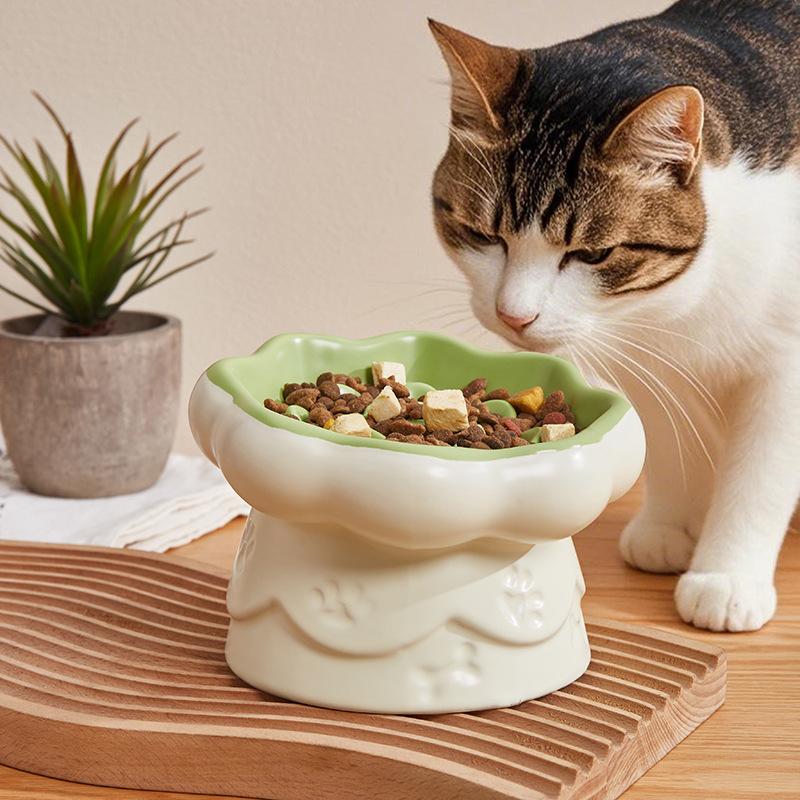 Creative Ceramic Drinking Water Food Tall footed Pet Bowls Anti Overturning Neck Protection Slow Food Anti Choking Cat Bowl, 1Pc