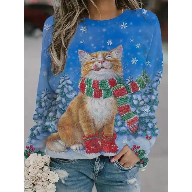 Spring and Autumn Round Neck Cute Cat Pattern 3D Printed Top Fashionable Casual Long Sleeved Women's T-shirts