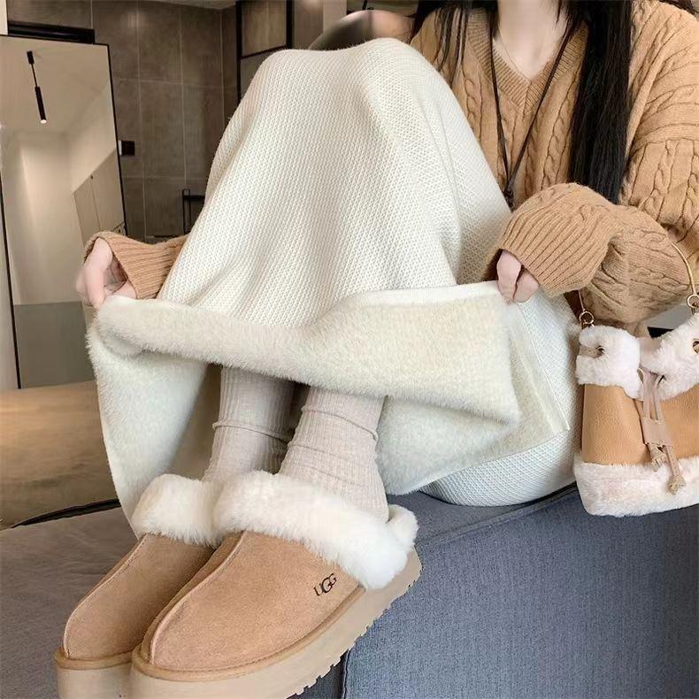 Slim-Fit Straight Women's Sweet Knitted Midi Skirt Autumn Winter Fleece-Lined Thickened Niche High Waist Split Skirt