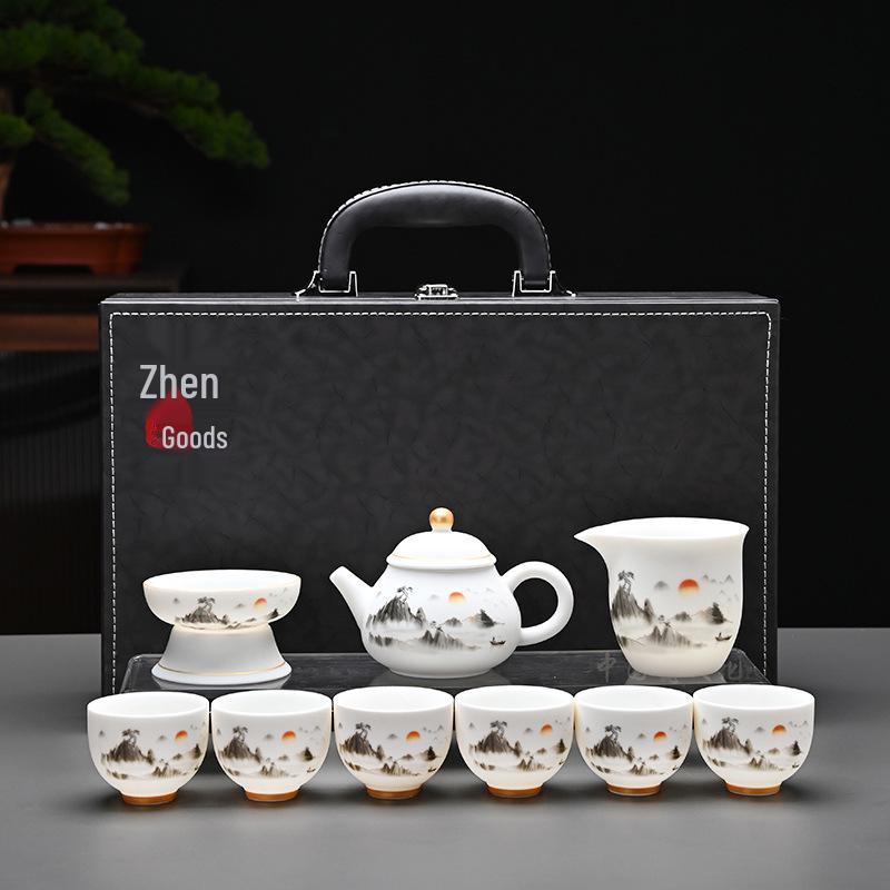 Kung Fu Mutton Fat Jade Gaiwan Teapot Set - Gold-Painted Luxury Tea Set