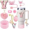 8 Pezzi Accessori per Tazza per Stanley Cup 30oz 40oz Include Coperchio Tappo Cannuccia a Farfalla Piedino in Silicone Maniglia Ciondolo Adesivo con Iniziali