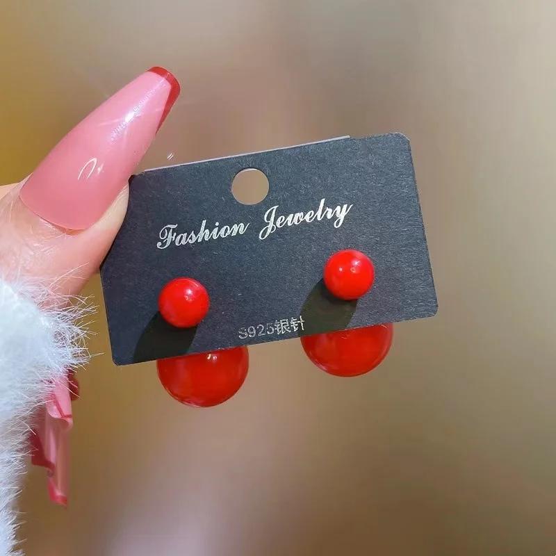 Red Color Big Imitation Pearl Stud Earrings for Women 8mm 14mm Simple Round Ball Brincos Jewelry Friend Christmas Girl Gift
