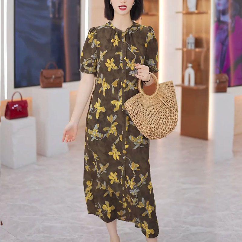 2025 Summer Retro Floral Tie Waist A-Line Mid-Length Dress M [90-105 jin]