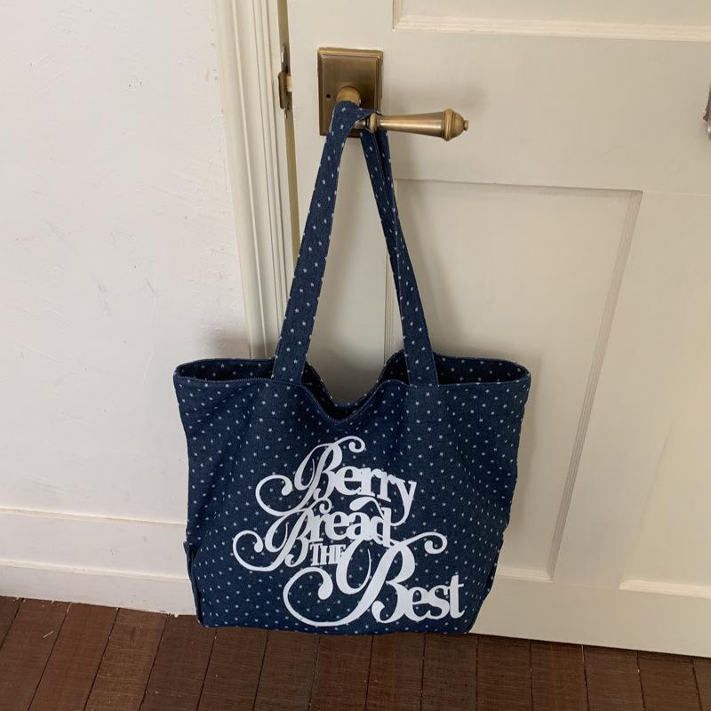

Women s Canvas Polka Dot Letter Print Tote Bag - Large Capacity, Single Shoulder, Casual Shopping Handbag 2026. синий