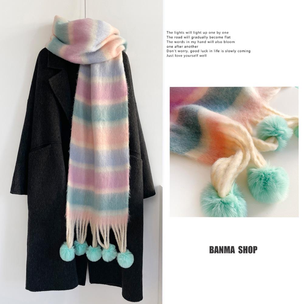 Winter Rainbow Striped Scarf Soft Hanging Hairball Scarf Mohair Thickened Warm Student Cold Scarf Shawl
