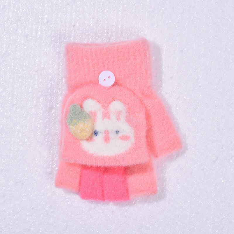Autumn and winter cartoon children's warm gloves writing bare finger strawberry cold-proof boys and girls half finger flip writing gloves