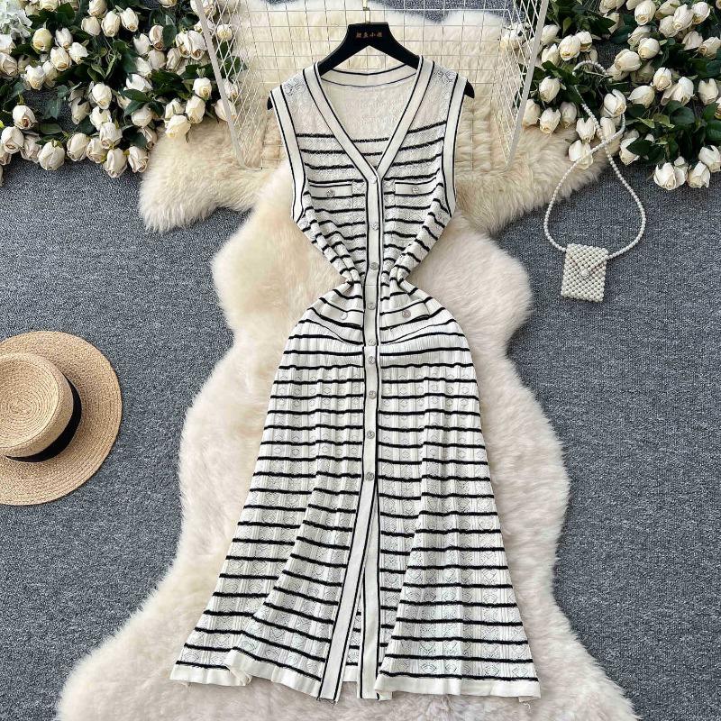 Striped Knitted Dress Summer Women's Wear Small Cinched Waist and Slimming Cardigan Vest Dress