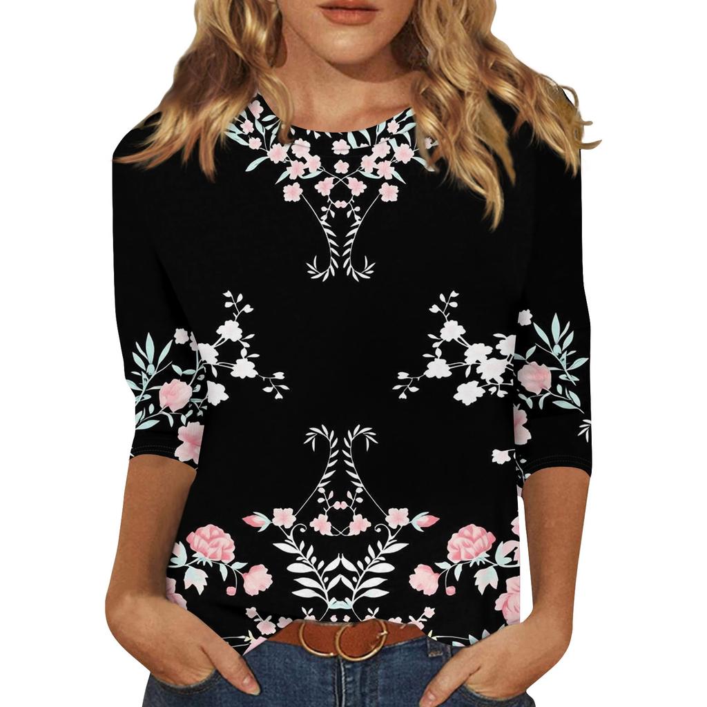 3/4 Sleeve Shirts For Women Cute Print Graphic Tees Blouses Casual Plus Size Basic Tops Pullover