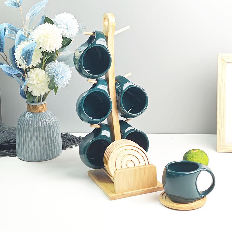 Nordic Style Ceramic Coffee Mug Set with Natural Bamboo Tree Cup Holder and Non-slip Coasters Stylish Kitchen Organizer for Tea and Coffee Home Decor