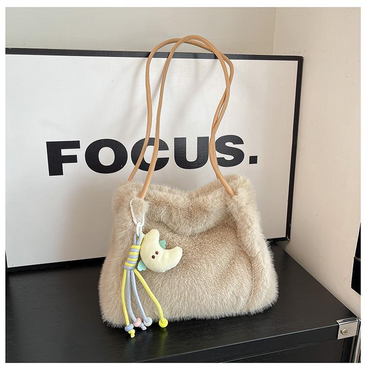 Bolsa Tote Transversal e de Ombro de Pelúcia Fofa Estilo Coreano