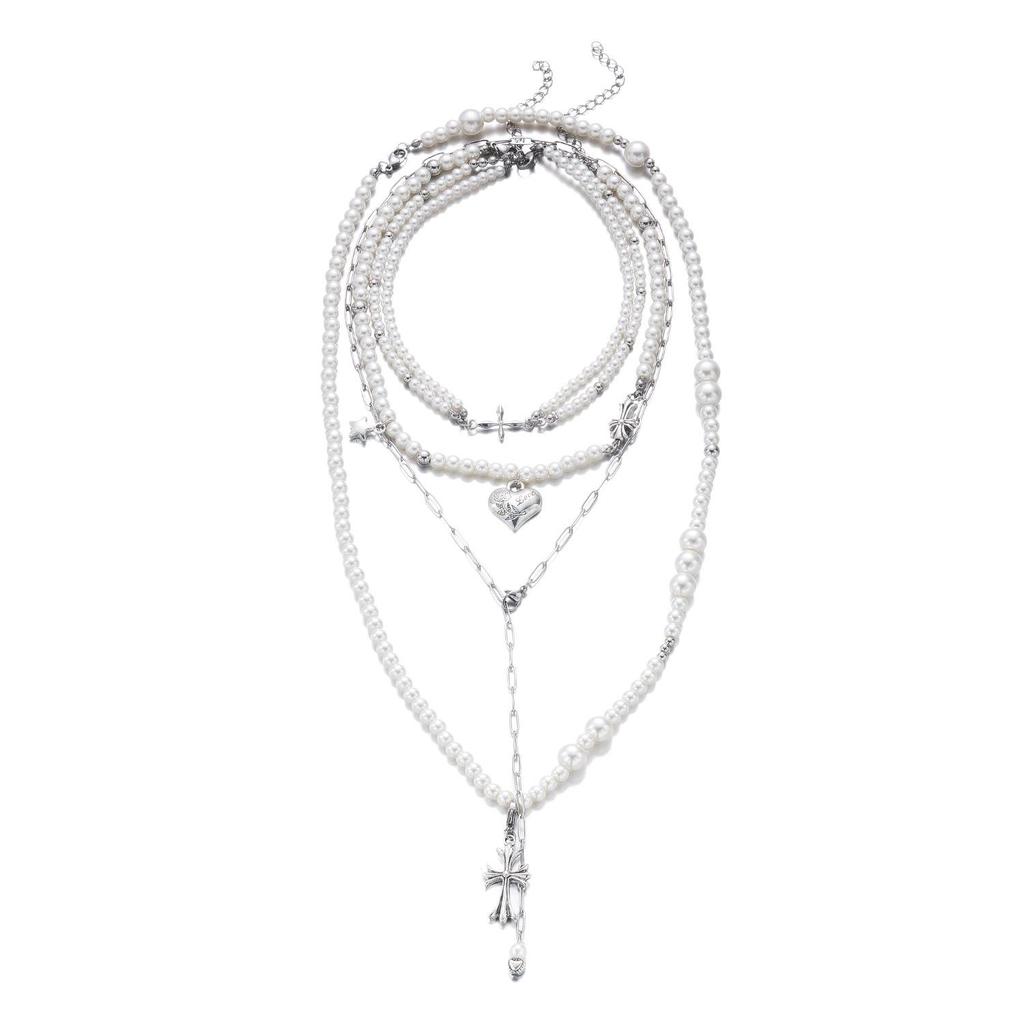 Cross Heart Faux Pearl Multi-layer Necklace - Y2K Style