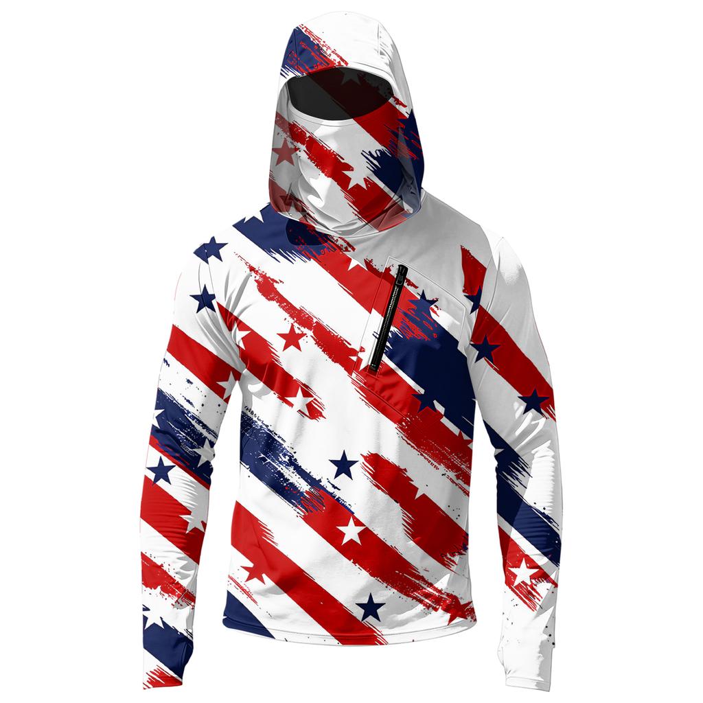 Men's Casual Hooded Long Sleeve Sun Protection Top with Independence Day Print Star Pattern Pullover Lightweight Shirt