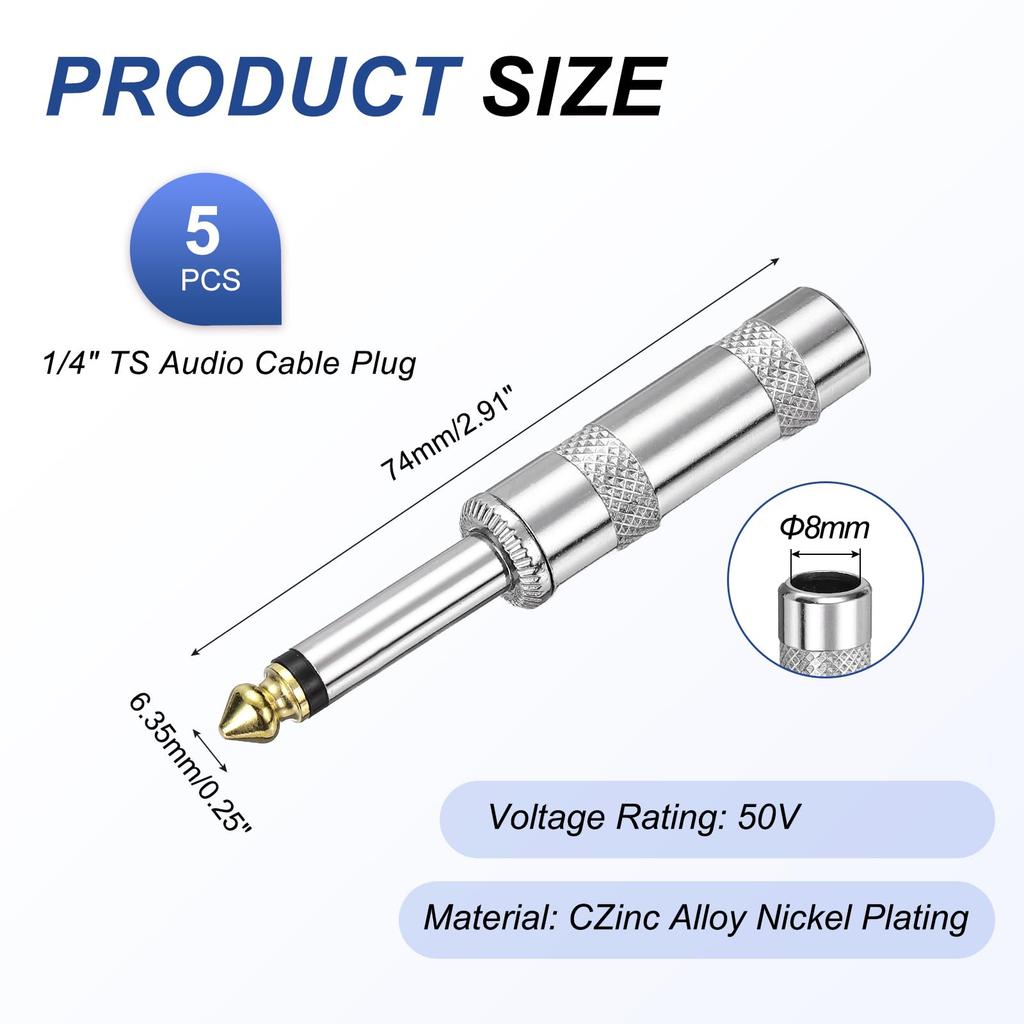 Uxcell 5pcs Inch Audio TS Plug Mono Male Plug Cable Connector TS Male Audio Cable Adapter for Guitars Inch Silver 1/4 6.35mm Speakers, Microphones,