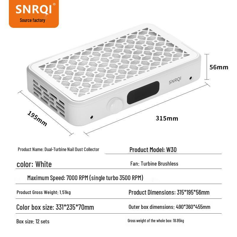 SNRQI Dual-Turbo Brushless Nail Dust Collector with High Suction and Large Area Coverage