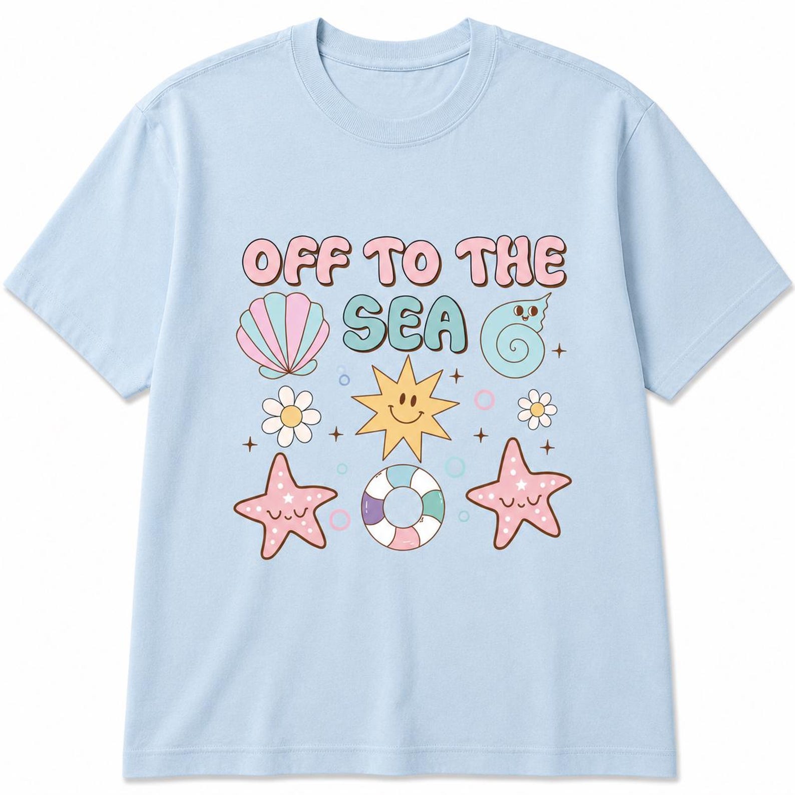 Pastel Beach Shirt, Kawaii Starfish Shell Graphic Tee, Coastal Vacation T-Shirt 4XL