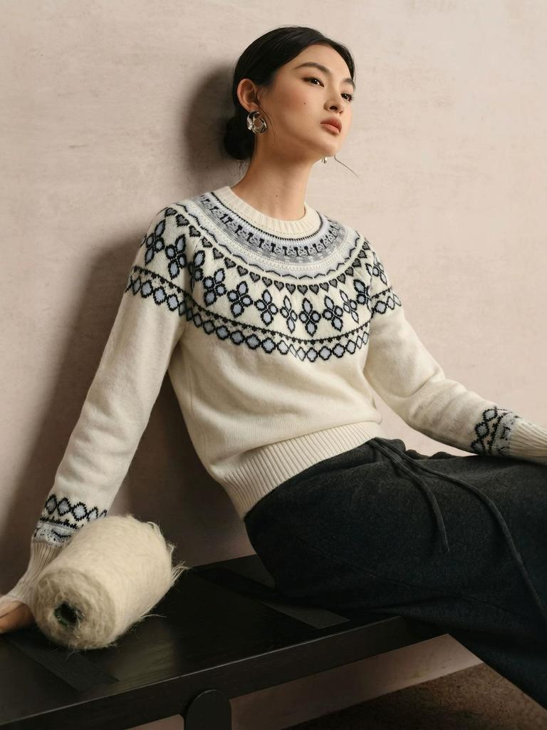 Women's Retro Fair Isle Color Block Merino Wool Sweater - Round Neck Raglan Sleeve Pullover