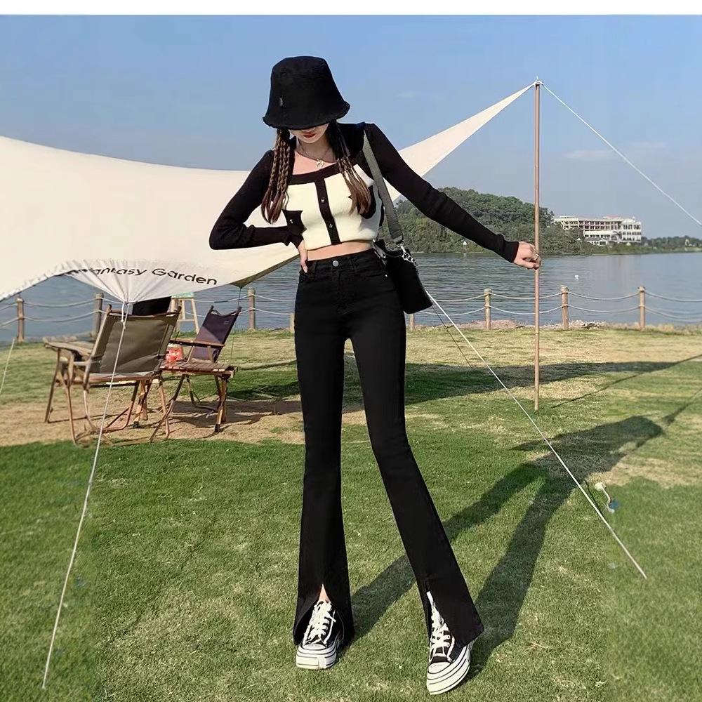 Summer 2024 Women's High-Waisted Slimming Micro-Flare Slit Jeans - Floor-Length Petite Design