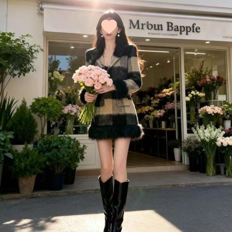 Women s Plaid Wool Blend Short Jacket & Skirt Set - Petite Plus Winter Collection Medium